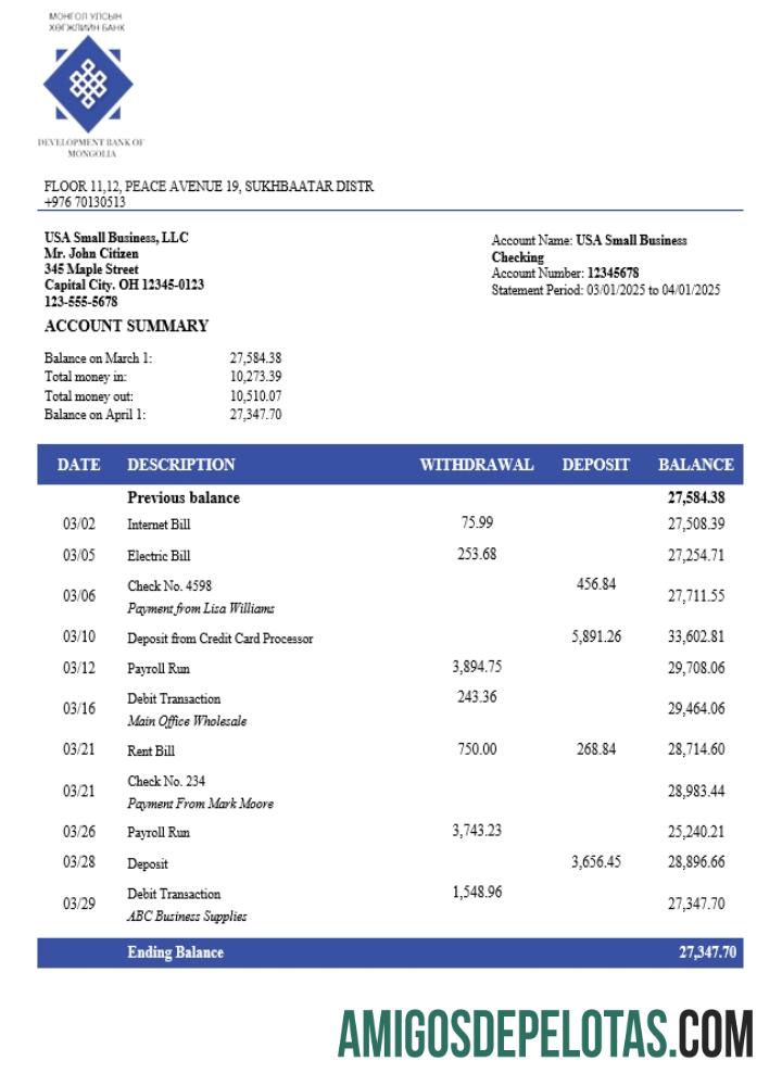 Em branco Banco de Desenvolvimento da Organização Mongol Extrato de conta corrente modelo Word e PDF (1)